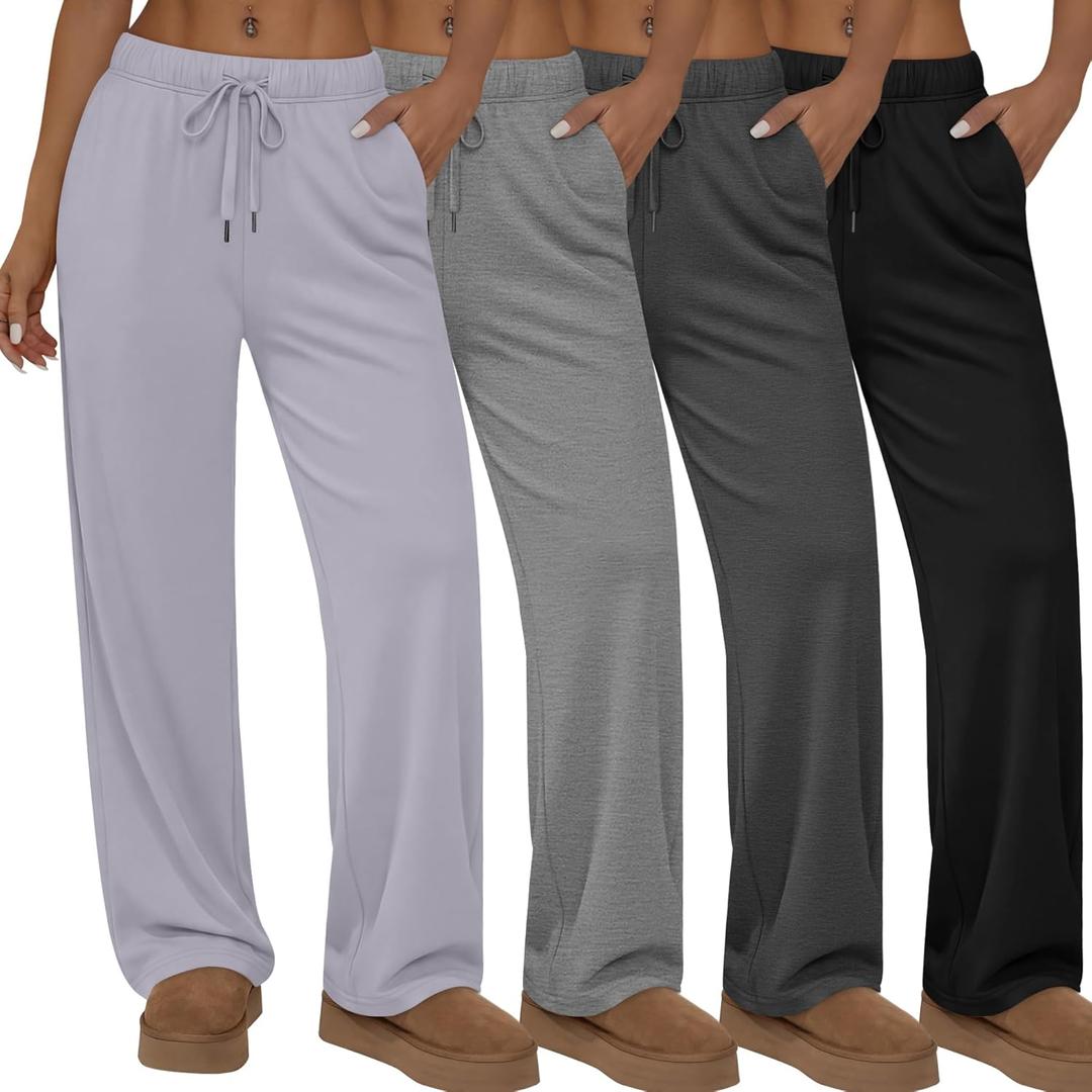 4 Pack Women's Lounge Pants Wide Leg Loose Casual Yoga Pants Elastic Waist Drawstring Sweatpants with Pockets (Large, Black, Dark Heather Gray, Light Heather Grey, Light Gray)