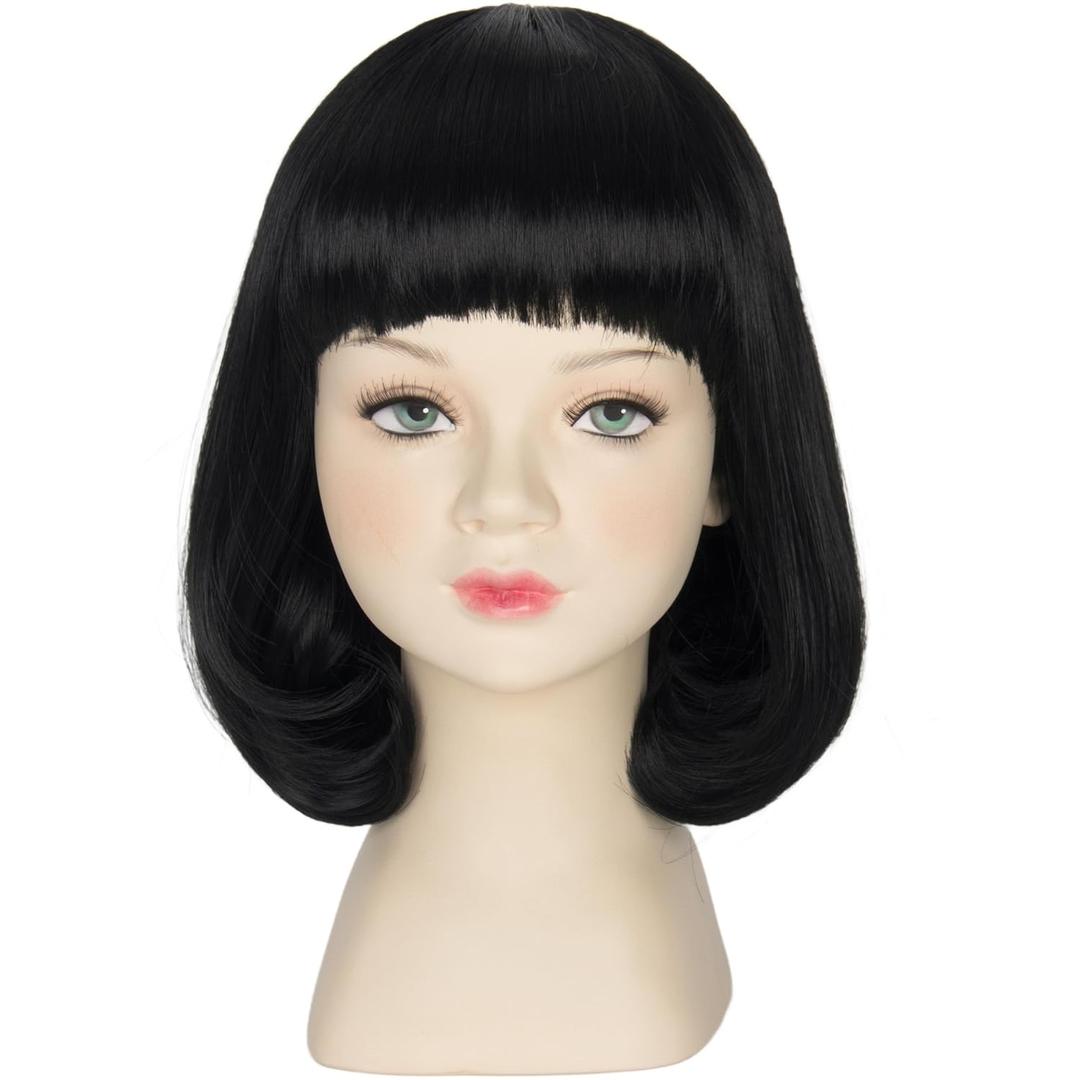 Funny Short Black Bob Wig with Full Bangs Halloween Cosplay Party Wigs, (Adjustable and breathable wig cap(19.7"-21.6") )