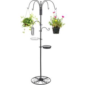 Adjustable Shepherd Hook Stand, 34"- 55" Black Iron Shepherd Hook with Base for Plant Hanging, Wind Chime & Bird Feeder - Outdoor Garden Porch Decoration(Elegant Style)