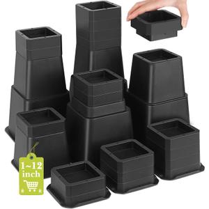 28 PCS Bed Risers 12 Inch Heavy Duty, Adjustable Furniture Risers up to 12 Inch Lift 12 Heights Options 1, 2, 3, 4, 5, 6, 7, 8, 9, 10, 11, 12 Inch for Couch, Sofa, Table Bed Frame Legs Dorm, Black