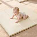 Foam Baby Play Mat: PU Leather Waterproof Kids Playmat - Trifold Floor Mat - Large Play Mat for Playpen Thick Pad Fodable Mattress Soft Toddler Mattress Infant Cushion for Preschool (Beige) 47" x 47"