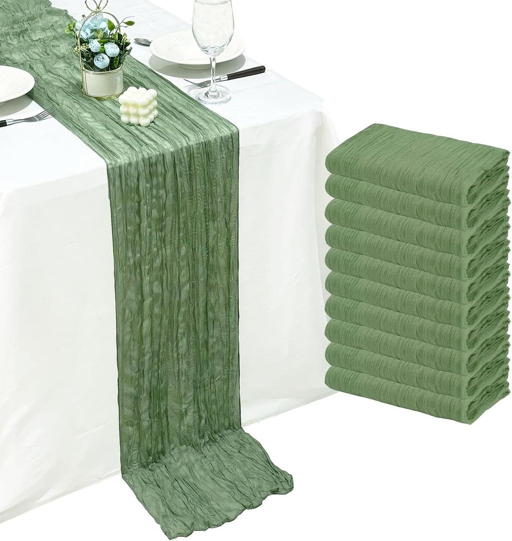 10Pack Sage Green Cheesecloth Table Runner Sheer Gauze Cheese Cloth Table Runners, Sage Green Table Runner for Wedding Party Baby Shower Home Decor