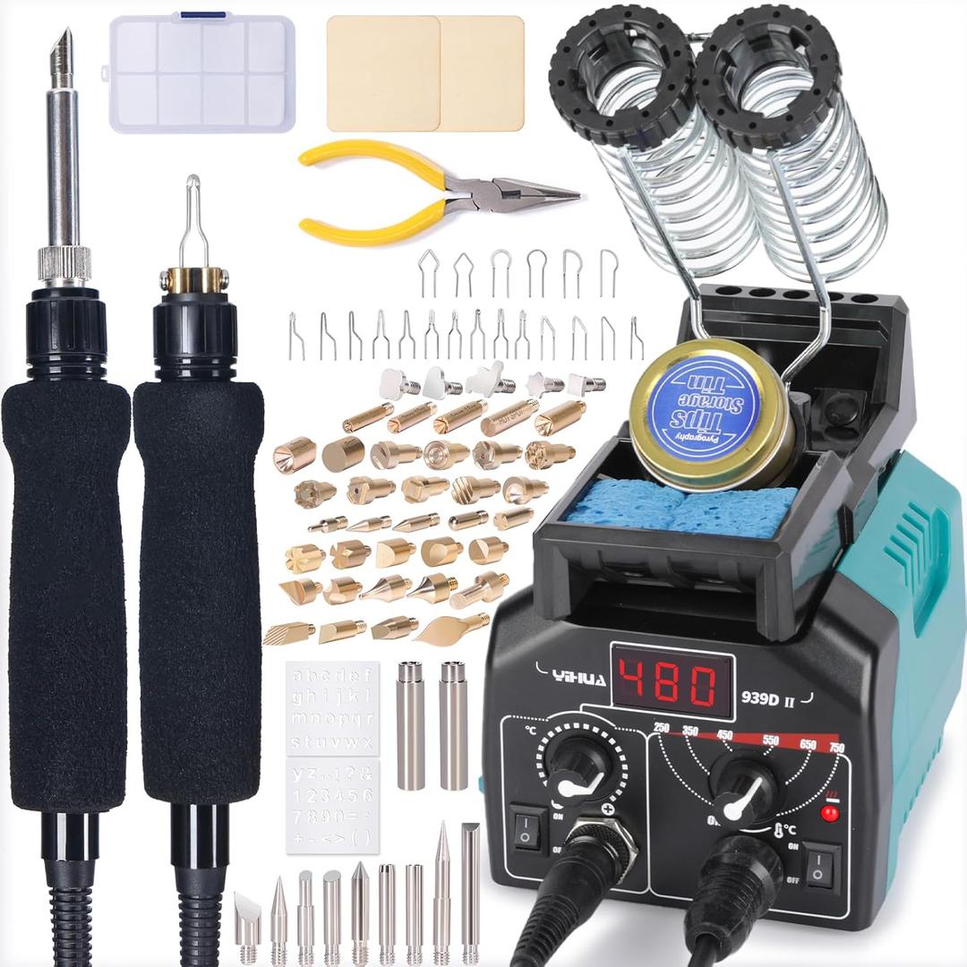 YIHUA 939D-II Pyrography Pen Wood Burning Kit Station 2-in-1 Solid-Point 200~480C (with Temp Display)/Wire-Nib 250~750C with 20 Nibs, Solid Points, 1 Stable Pen Holder, 2 Scrap Wood (Green)