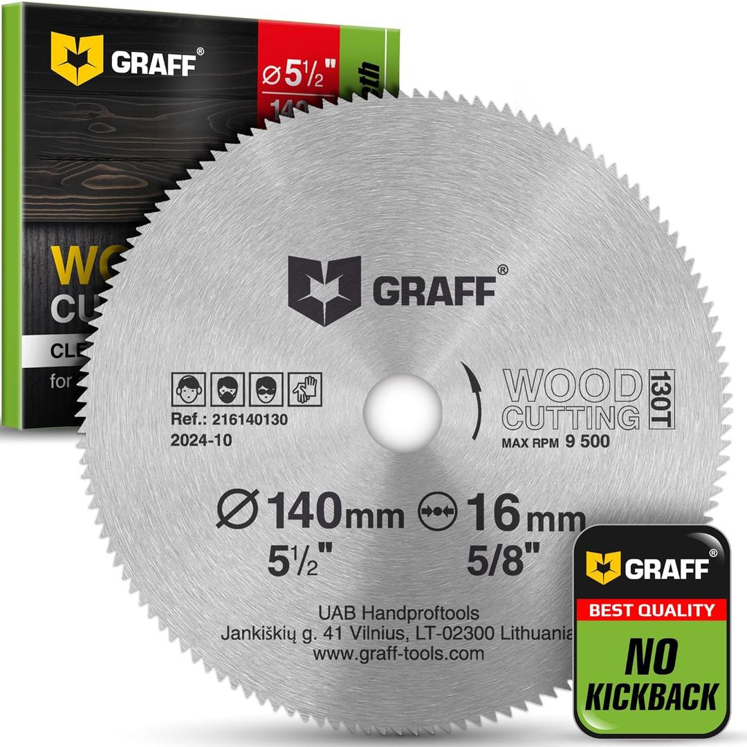 5 1/2 Inch with 5/8 Inch (16 mm) Arbor Circular Saw Blade for Wood, Plywood, Laminate, Drywall, Plastic 130T Wood Cutting Disc from GRAFF