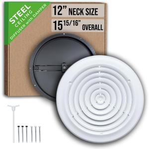 Fits 12 Inch Neck Air Duct | Steel Round Air Supply Diffuser for Ceiling by Handua | 12" Neck Steel Butterfly Damper&Handle Included | Round Diffuser Vent Cover | White | Outer Dimension: 15-15/16"