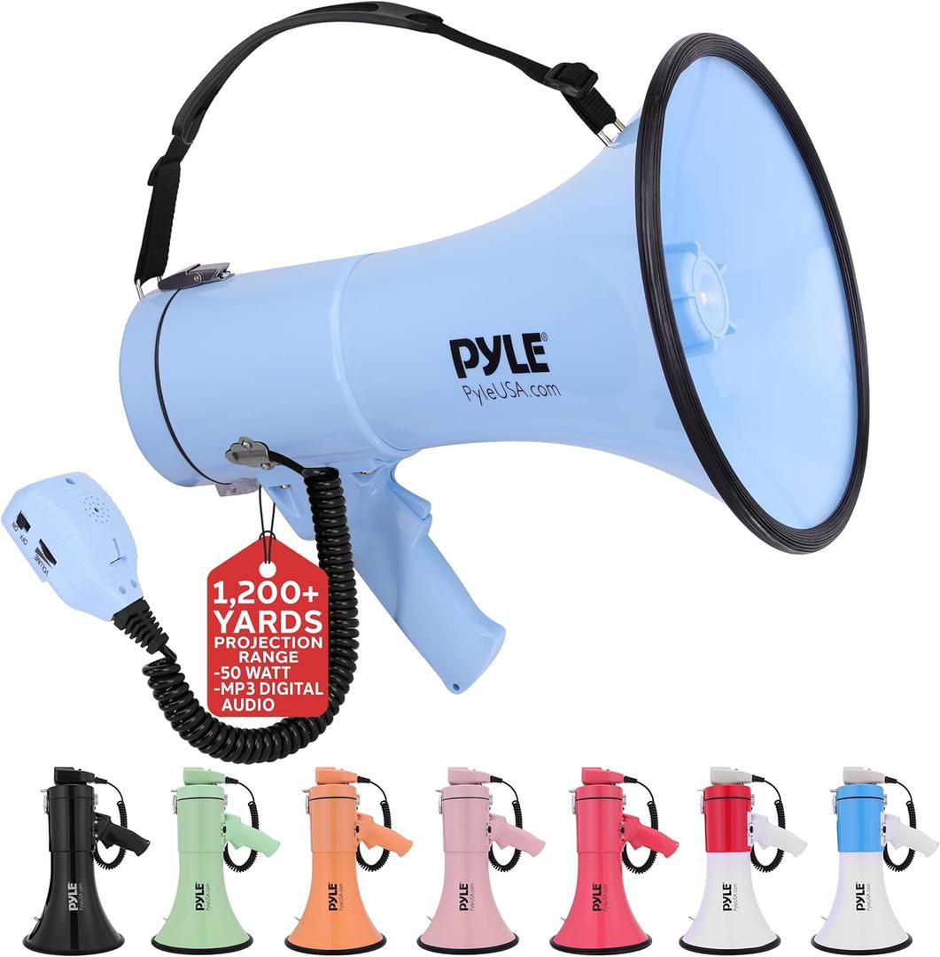 Pyle 50W Megaphone Bullhorn - Portable, Automatic Siren & Adjustable Volume, Projection Range Up to 1200 Square Yards, Aux Input, Talk, Siren, Music, Whistle, & Record, Shoulder Strap (Black) (Blue)
