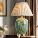 Green Flower and Bird Ceramics Table Lamp 25.5" Chinoiserie Lamp American Handmade Beige Linen Drum Shade Decor for Living Room Bedroom House Bedside Home