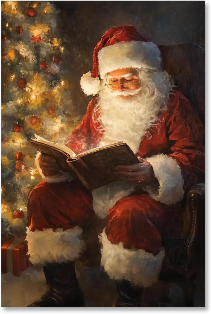 Vintage Christmas Canvas Wall Art Santa Reading Book by Xmas Tree Prints Poster Cozy Holiday Oil Painting Winter Decor Christmas Pictures Decoration for Living Room Bedroom 8x12inch Unframed (8L" x 12W", Style-3 Unframed)