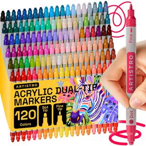 ARTISTRO 120 Acrylic Paint Markers for Rock, Fabric, Wood, Glass, Eggs - Dual-Tip Paint Pens for Coloring Books for Adults, Teens, Kids - Art & Craft Supplies - Gift Idea - Easter Basket Stuffers