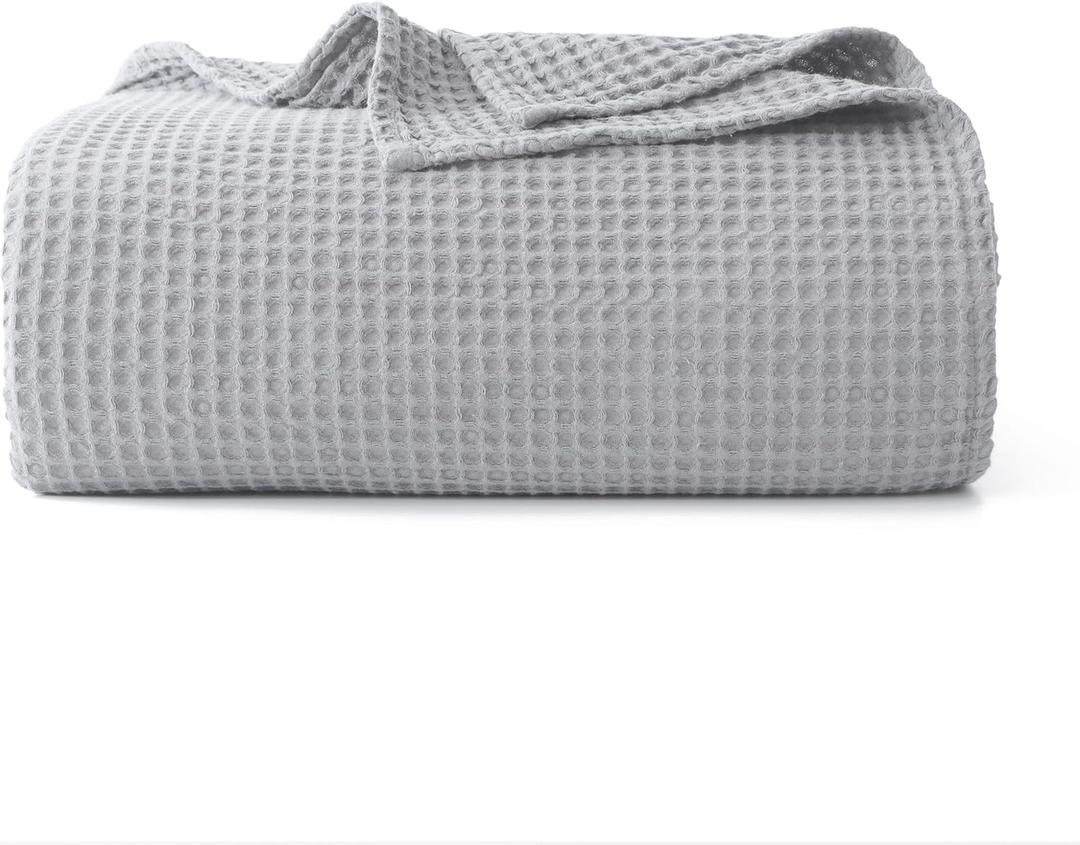 100% Cotton Waffle Blanket (Gray - Twin Size - 66 * 90''), Pre-Washed and Anti-Shrinkage Soft Lightweight Bed & Couch Blanket, 380 GSM Waffle Weave Throw Blanket for All Seasons