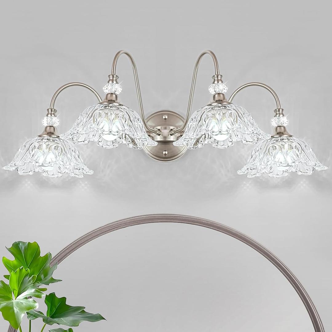 Brushed Nickel Bathroom Vanity Light, 4-Light Vanity Light with Floral Clear Glass Shades, Brushed Nickel Wall Mount Lighting for Bathroom, Dressing Table