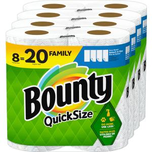 Bounty Quick Size Paper Towels, White, 8 Family Rolls = 20 Regular Rolls (Packaging May Vary) (8 Rolls (107 Sheets each)