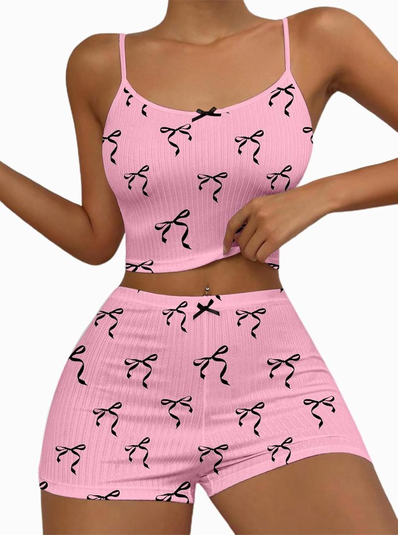 Hilinker Womens Graphic 2 Piece Pajama Set Summer Cute Crop Cami and Shorts Ribbed Lounge Sets (X-Small, Pink Black Bow Tie)