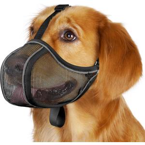 Mayerzon Dog Muzzle to Prevent Biting Scavenging Chewing, Soft Mesh Puppy Muzzles for Small Medium Sized Dogs, Breathable Reflective Adjustable Mouth Guard for Grooming Walking Training (Black, L) (Snout Cir 10.75"-12")