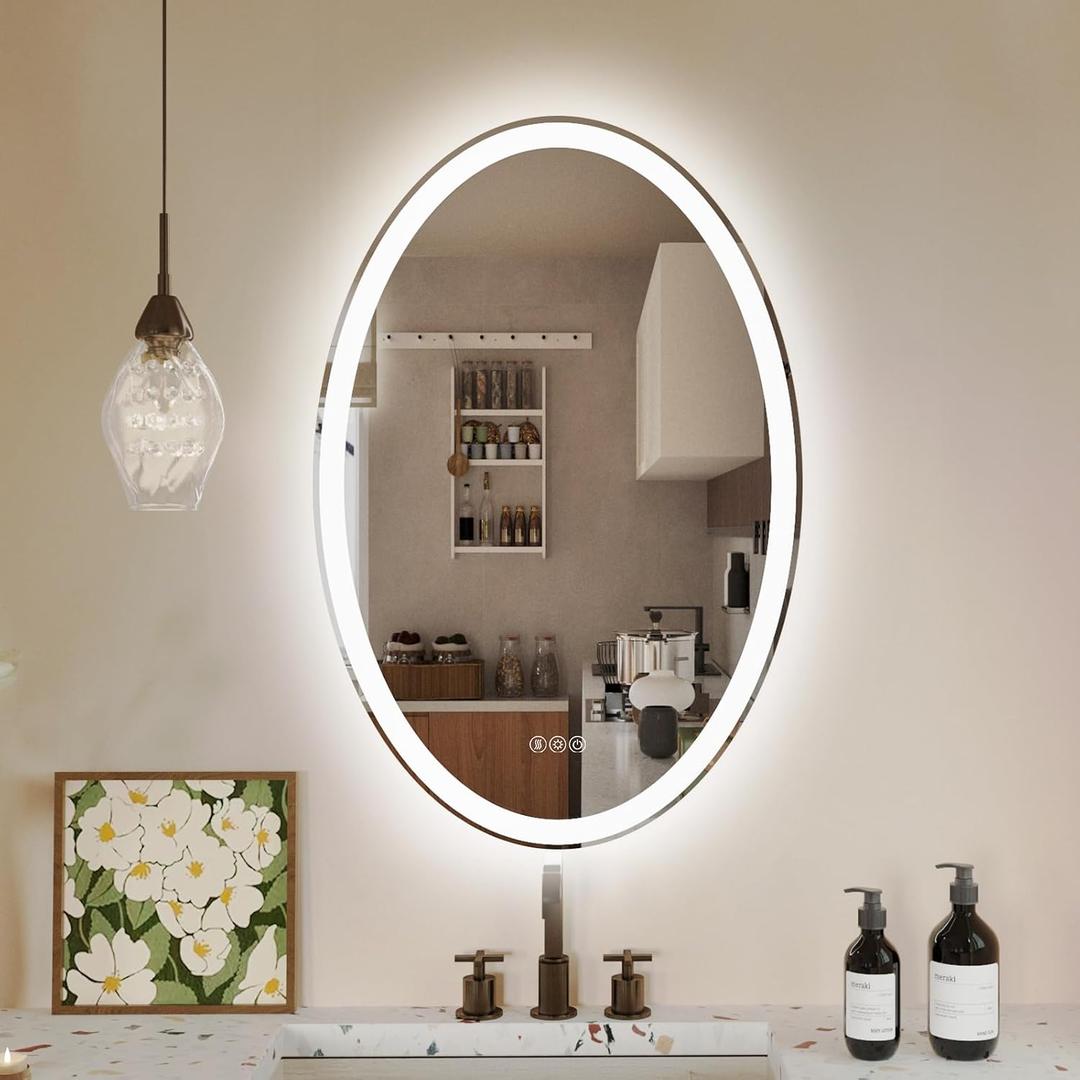 LED Bathroom Mirror, 36X24 Inches Oval LED Mirror for Bathroom, Vanity Mirror with Lights with Anti-Fog & 3 Colors, Wall-Mounted Dimmable Bathroom Mirror with Backlit