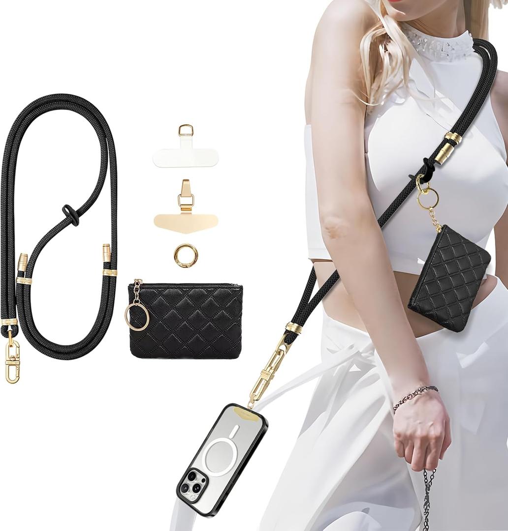 Phone Lanyard Crossbody with Leather Zipper wallet,2 Phone Tabs,360  rotation Premium Metal Buckles Anti theft Adjustable Lanyard,for All Phones,Skin-Friendly Neck Strap Stylish(Travel/Gym) (Black)