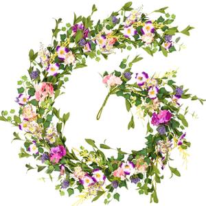 HOHOTIME Pansy Flower Garland, 6FT Artificial Spring Floral Vines with Lavender EucalyptuHydrangea for Mantle Wedding Porch Staircase Indoor Decor, Fake Wildflower Easter Home Decoration