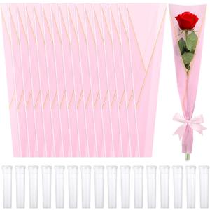 Thenshop Set of 400 Single Rose Sleeve Bulk Valentine Flower Packaging Kit 200 Pcs Single Flower Wrapping Bouquet Bags 200 Pcs Plastic Water Tubes for Mothers Day Wedding Graduation Birthday(Pink)