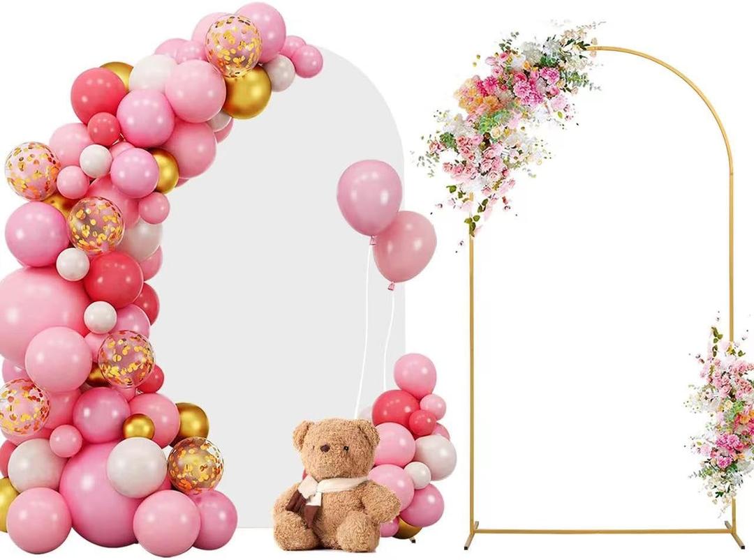 SuuWoee 7.2 FT Wedding Arch Backdrop Stand and White Arch Cover, Gold Balloon Arched Frame White Cover for Birthday Party Ceremony Bridal Baby Shower Event Decor