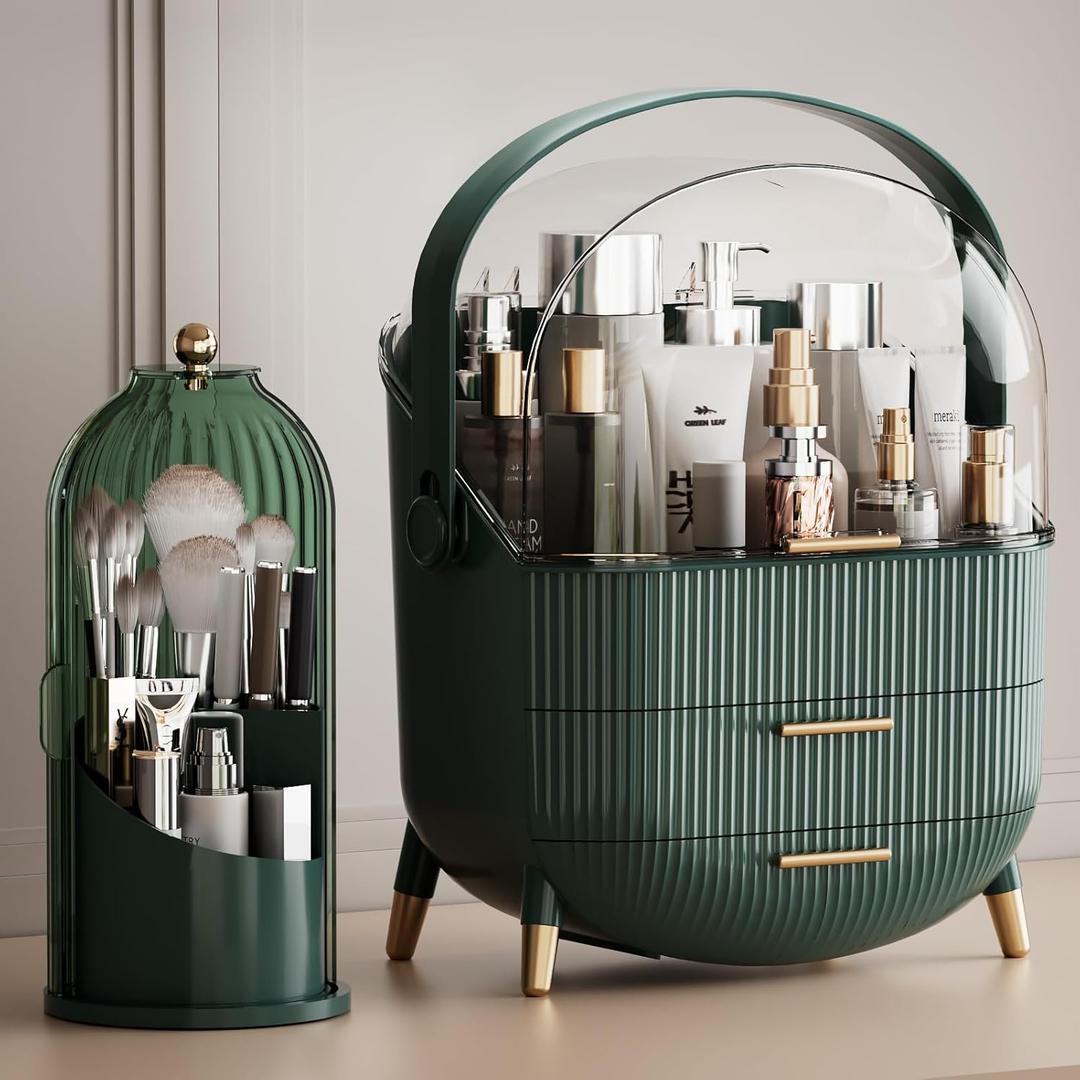 Makeup Organizers Countertop, Makeup organization for Vanity, Cosmetic Storage with Lid and Drawers, Skincare Display Cases with for Desktop, Bathroom (Green)