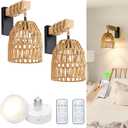 Battery Operated Wall Sconce, Boho Battery Wall Sconces Set of 2, Rattan Farmhouse Wall Lamp with Remote Control, Dimmable Wireless Wall Light for Bedroom, Living Room, Entryway