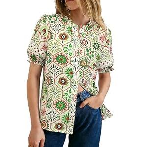 GRACE KARIN Women Boho Floral Tops, Summer Short Eyelet Sleeve Dressy Casual Shirts, Spring Button Down Blouse 2026 Trendy Green XX-Large