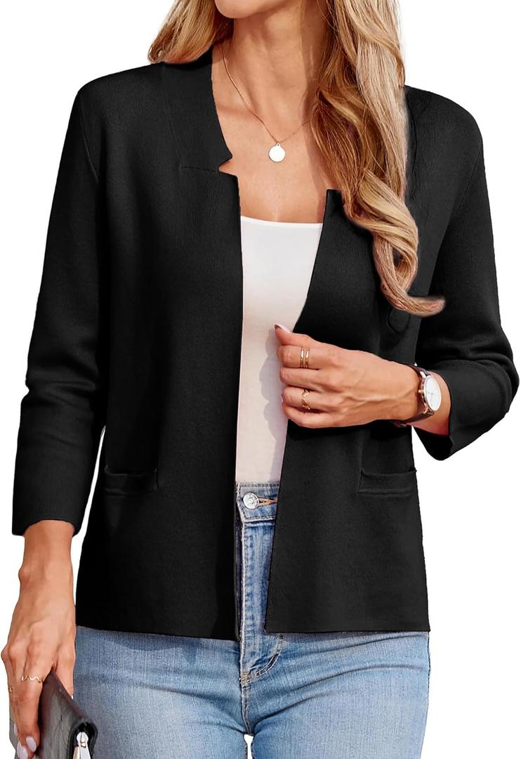 GRACE KARIN Women's 3/ 4 Sleeve Open Front Sweaters Cardigan Lightweight Short Sweater Blazer Jackets for Women XL Black