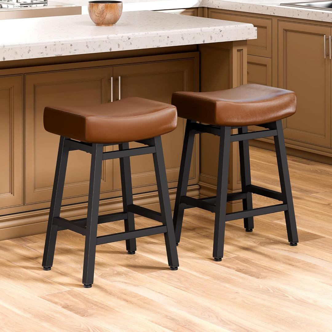 Counter Height Bar Stools Set of 2, 24 Inch Backless BarStools for Kitchen Island Leather Saddle Bar Chairs Kitchen Stools with 4" Thick Seats & Heavy Duty Metal Base, Brown