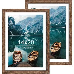 Hongkee 14x20 Picture Frame Set of 2, Rustic Brown Wood Style - Display 14 x 20 Picture without Mat or 12x18 Picture with Mat, Wall Mounting Horizontal and Vertical