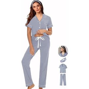 WJing Yi Jia 3Pcs Soft Pajama Sets For Women  Womens Pajamas Set Sleepwear Button Down Short Sleeve Long Pants Pj sets, M 