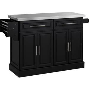 HOMCOM Rolling Kitchen Island Cart with 47" Stainless Steel Top, Portable Island Table for Kitchen with Wheels, Adjustable Shelves, 2 Drawers, Spice, Knife and Towel Rack, Black