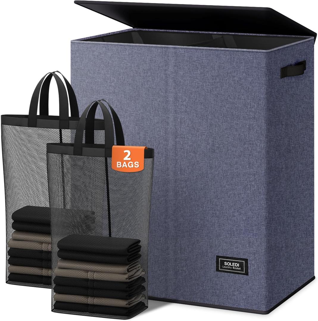SOLEDI Large Double Laundry Hamper with Lid, Collapsible Clothes Hamper 2 section with Removable Bags, Space-Saving Laundry Basket for Bedroom, Dorm, College (145L, Navy blue)