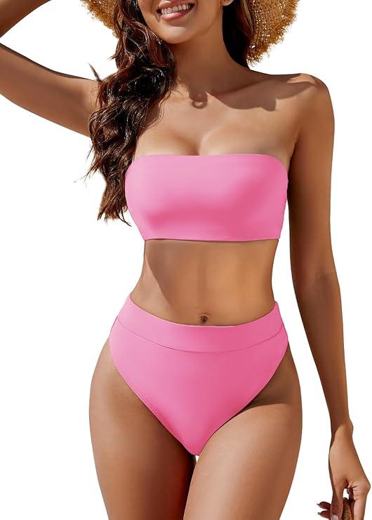 YACUN Women's High Waisted Bikini Swimsuit Two Piece Strapless Bandeau Cheeky Bathing Suits (Small, Pink)