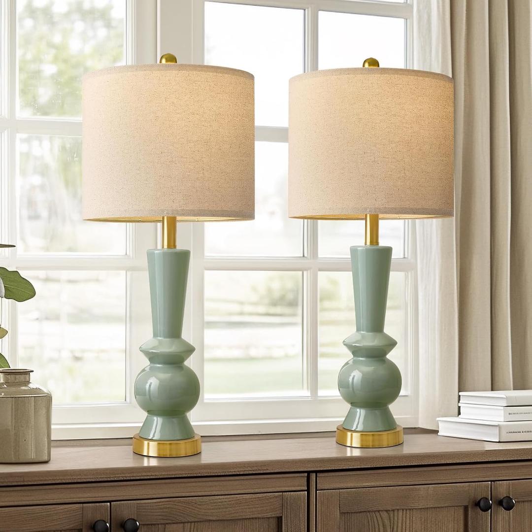 PORTRES 27" Modern Ceramic Table Lamp Set of 2 for Living Room Green & Gold Bedside Lamps for Bedroom Nightstand Lamp Tall End Table Lamps