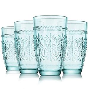 CREATIVELAND Colored Vintage Drinking Glasses Set of 4, 15.5 oz Romantic Embossed Water Glasses, Colored Tumblers Tempered Glass for Juice, Beverages, Beer, Cocktail