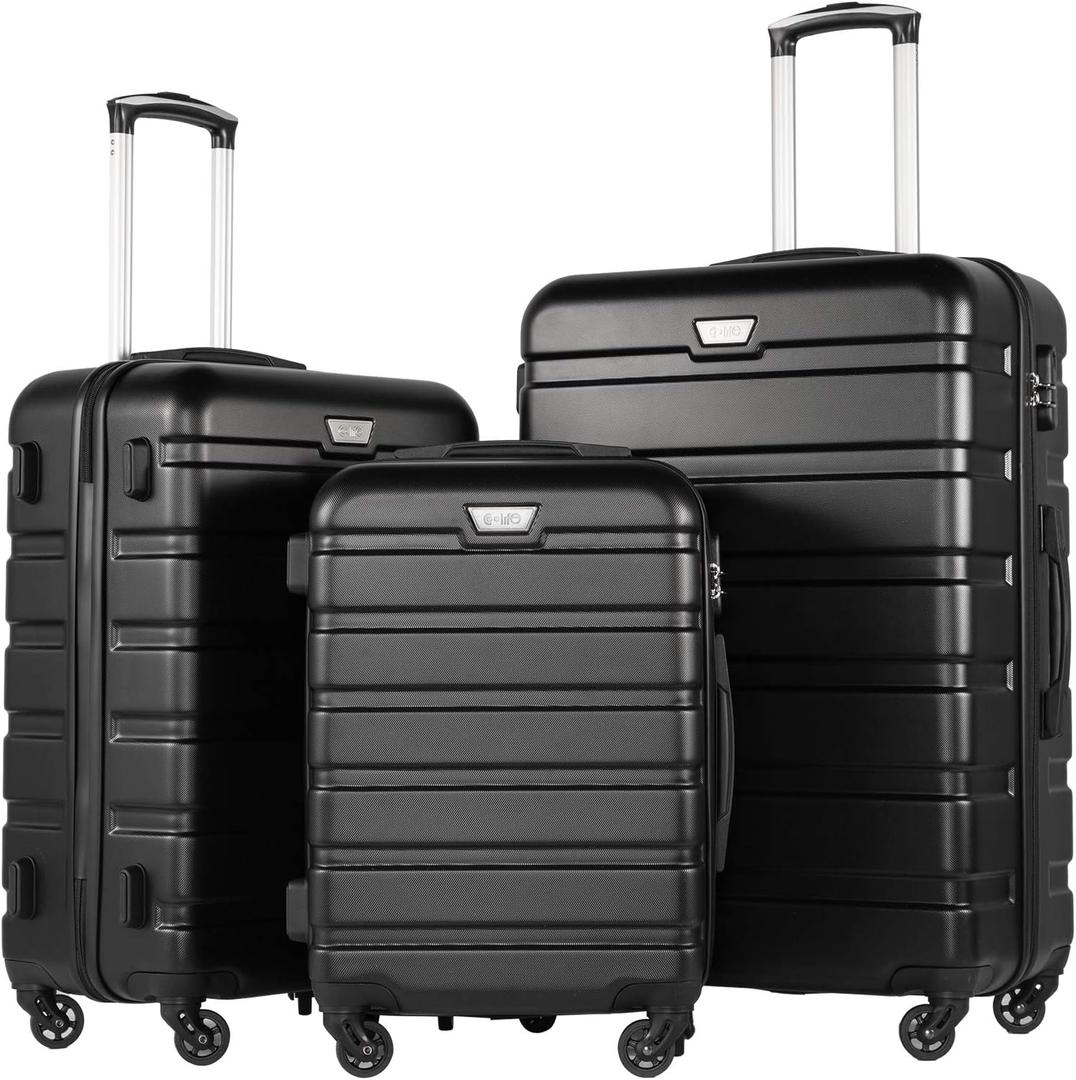 Coolife Luggage 3 Piece Set Suitcase Spinner Hardshell Lightweight TSA Lock (black, 20/24/28)