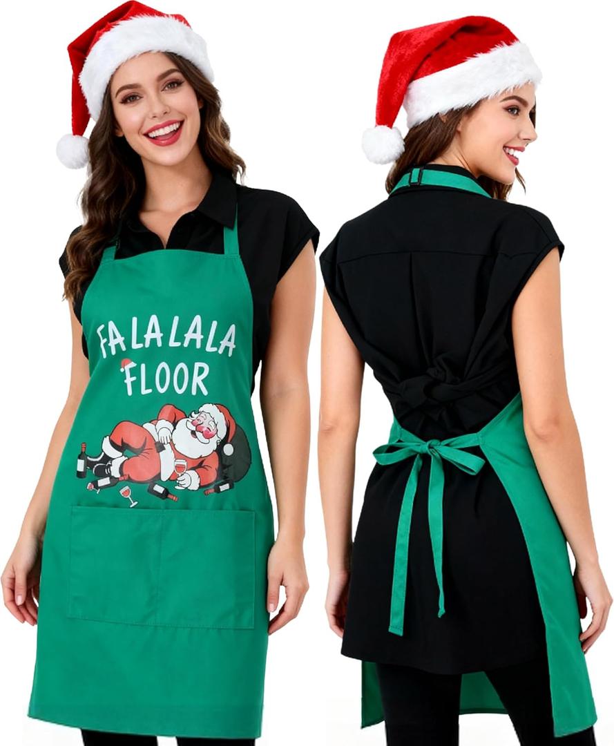 Tipsy Santa Christmas Apron for Men & Women with Pockets, Funny Chef Costume Apron for Cooking, Baking, Kitchen Gift for Husband & Wife (Green, 1 Pack)