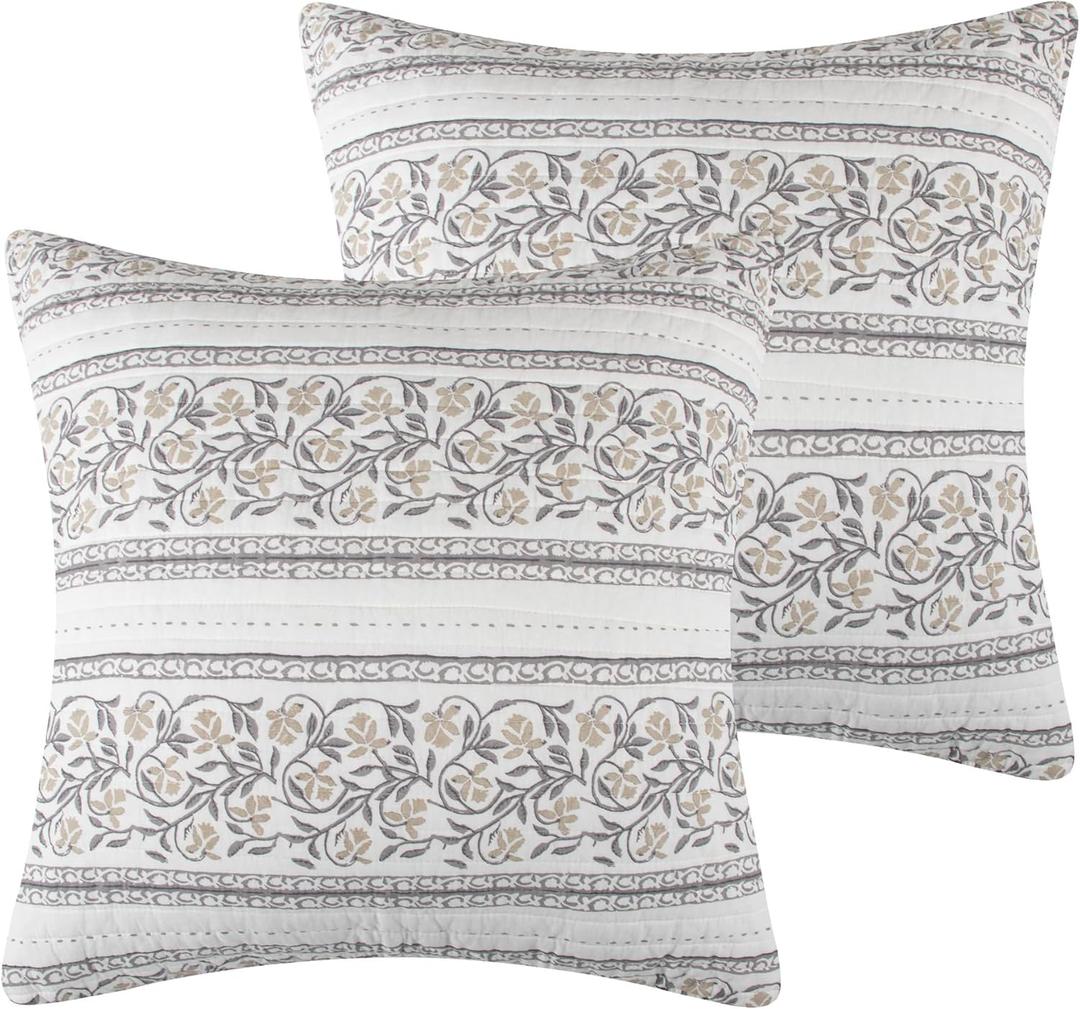 Levtex Home - Adare Taupe - Euro Sham - Striped Floral - Taupe, Grey and Cream - (26x26in.) - No Insert - Cotton
