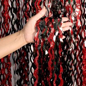 Pack of 4, 3.3x6.6 ft Red and Black Foil Fringe Backdrop Curtains - Wavy Tinsel Streamers Birthday Birthay Decorations, Fringe Backdrop for Graduation, Xmas, Disco Party