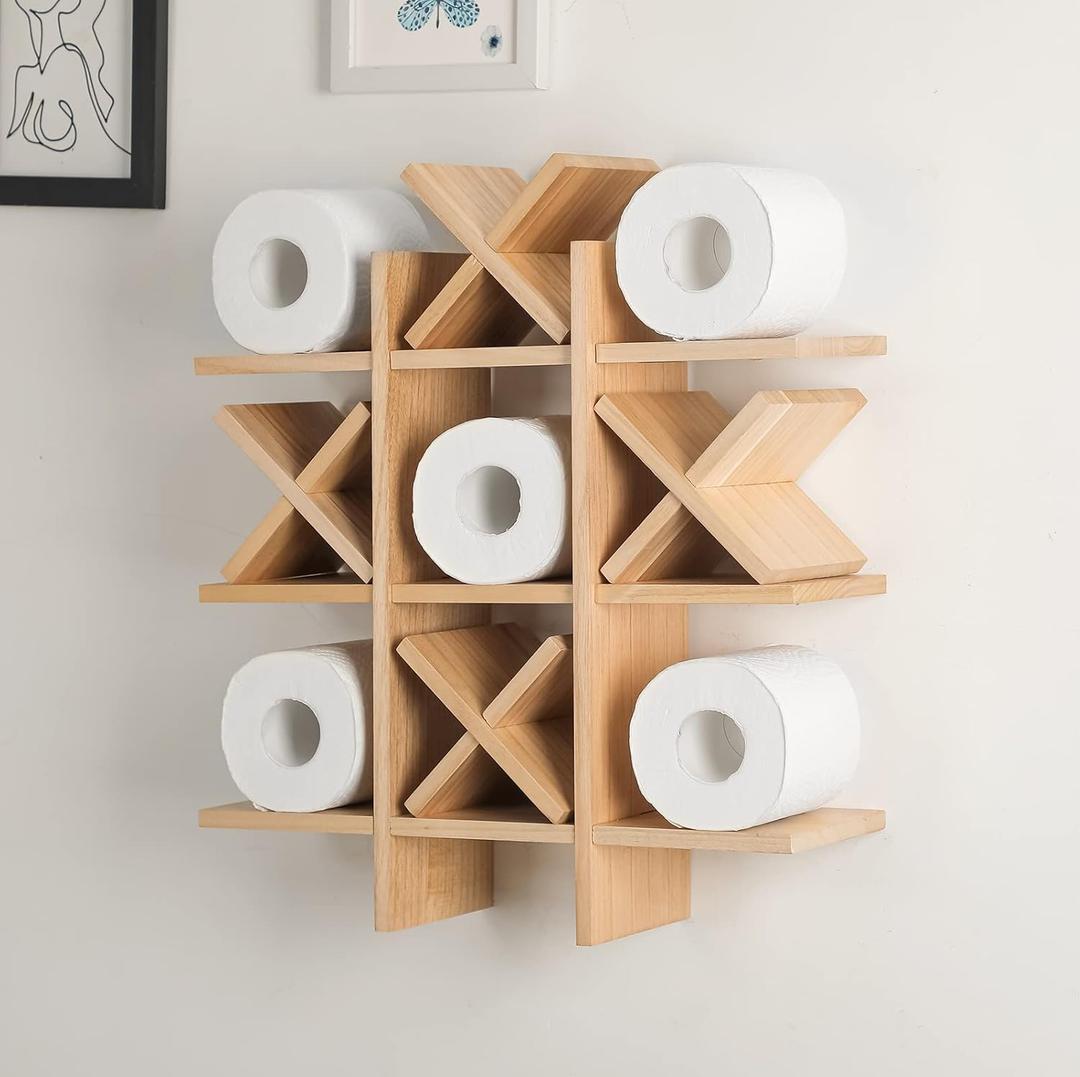 Weysat Tic Tac Toe Toilet Paper Holder Stand Bathroom Wall Decor Rustic Wooden Hanging Storage Freestanding Wall Mounted Shelves Decor for Toilet Tissue Farmhouse