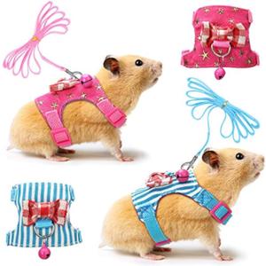 SATINIOR 2 Pieces Small Hamster Harness and Leash Set, Ferret Guinea Pig Clothes with Bowknot and Bell Decor, No Pulling Comfort Padded Vest Striped for Rats Bunny Rabbit Small Animals (S, Blue, Pink)