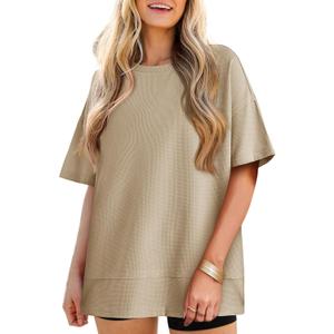 Tankaneo Womens Oversized Tunic Tops Summer Casual Short Sleeve Tshirts | Summer Casual, Short Sleeve, Round Neck, Loose Fit Side Split Waffle Tees (Beige, L)