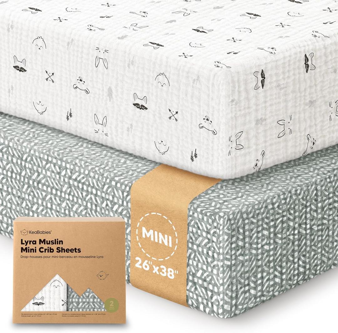 2-Pack Muslin Mini Crib Sheets for Boys, Girls - 38x26 Pack and Play Sheets Fitted, Organic Cotton, Compatible with Graco Pack N Play Mattress, Neutral Toddler Playard Bedding,Soft Breathable (Nordic)