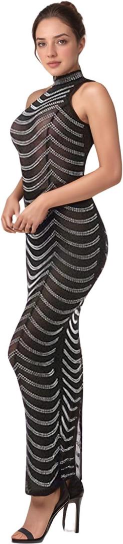 Women's Sexy Elegant Rhinestone Embellished Velvet Party Club Night Bodycon Formal Evening Maxi Dress XL