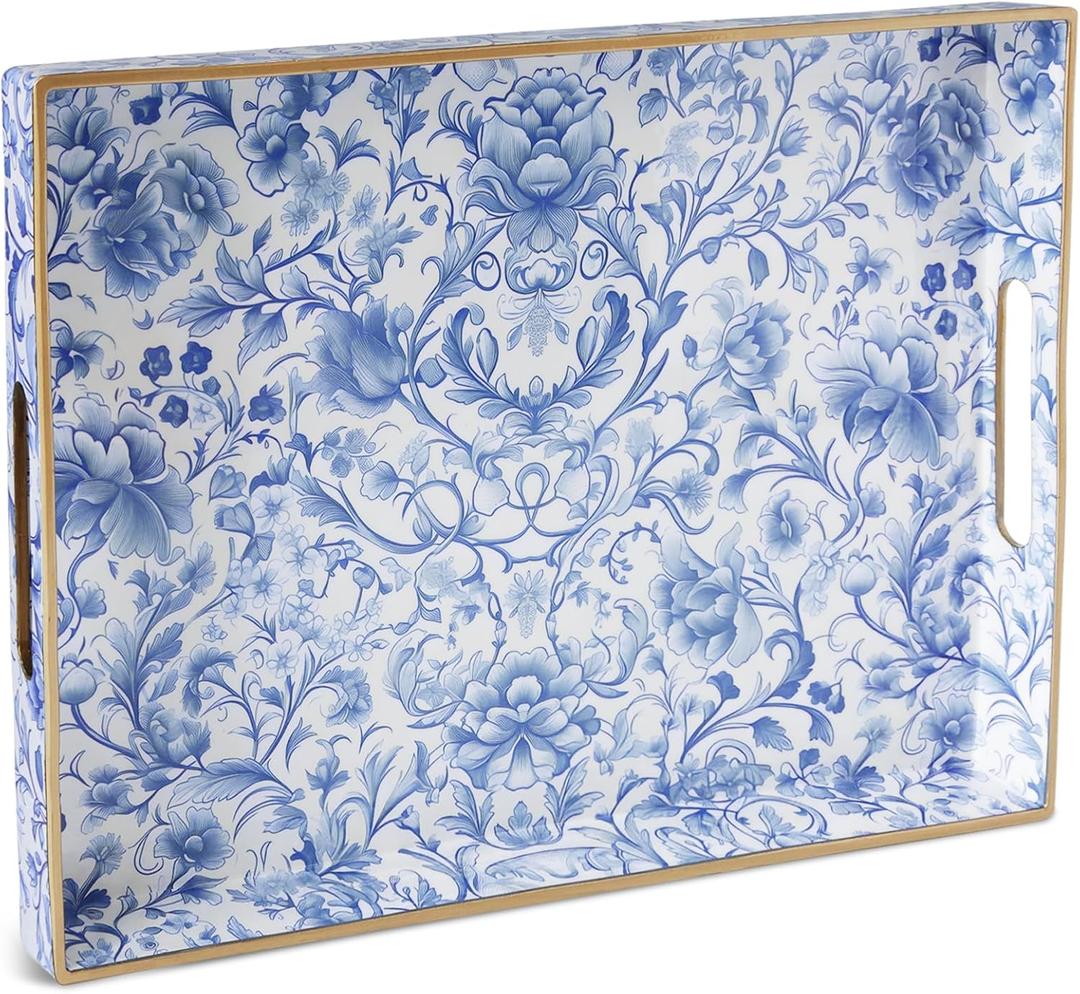 Serving Tray with Handles, Rectangular Plastic Tray 15.75x11.81 Inch, Blue and White Peony Chinese Porcelain Style Decorative Tray for Kitchen, Dining Table, Vanity, Office & Home