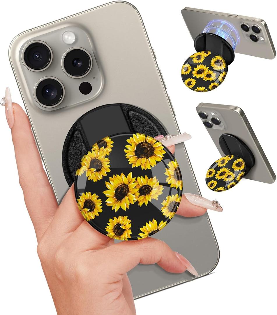 Kidcube Phone Grip Compatible with Magsafe - Magnetic Phone Grip Stand Cute Sunflower Finger Grip Kickstand Ring Holder Women Girls Compatible with Magsafe Accessories for iPhone 16/15/14/13/12 Series