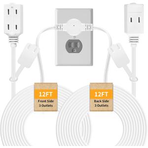 Twin Extension Cord, 24 Ft Flat Wall Plug, 12 Feet on Each Side, 2 Prong Power Strip with 6 Outlets, Double Extension Cord Splitter for Behind Bed, Couch, Nightstand, Dresser, Furniture (White)