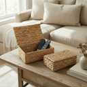 Decorative Storage Boxes with Lids - Set of 2 Beautiful Wicker Organizer Bins for Your Shelves & Home Decor - Safely Store Your Photos, Documents, and Memory Box Keepsakes in a Stylish Rattan Design 11.03x6.3x2.8” and 14.18x8.59x3.49"