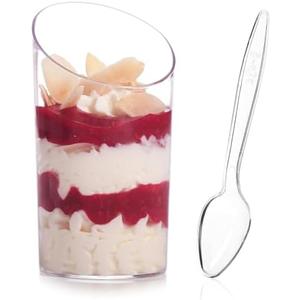 Qeirudu 50 Pack Mini Slanted Dessert Cups with Spoons - 2.2 oz Plastic Parfait Cups Reusable Shooter Glasses Small Serving Cups for Tasting Party Desserts Appetizer