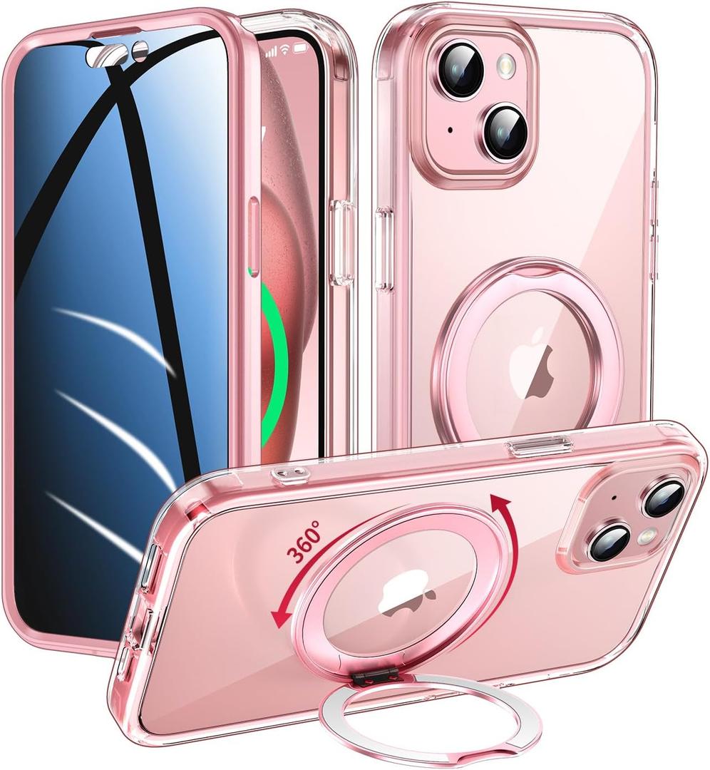Privacy Case for iPhone 15 with 360Stand [Built-in Anti Peeping Screen Protector] [Compatible with MagSafe] [Magnetic Ring ] Full Body Protective Phone Cover 6.1", Pink